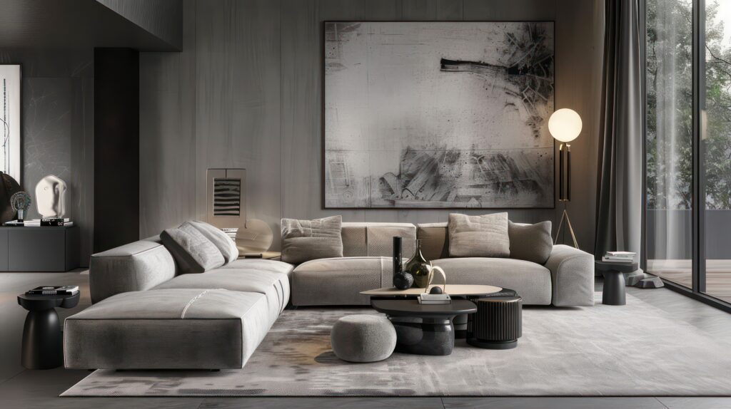 contemporary concrete contemporary living room design, in the style of minimalist textiles, densely textured or haptic surface, metallic finishes, exquisite craftsmanship, metallic rotation, combining natural and man-made elements, timeless elegance --ar 16:9 --v 6 Job ID: 32f4c954-d234-4c13-915d-0aecdf62bd07